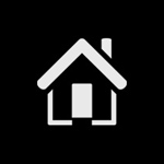 Minimalist white house icon on a black background.